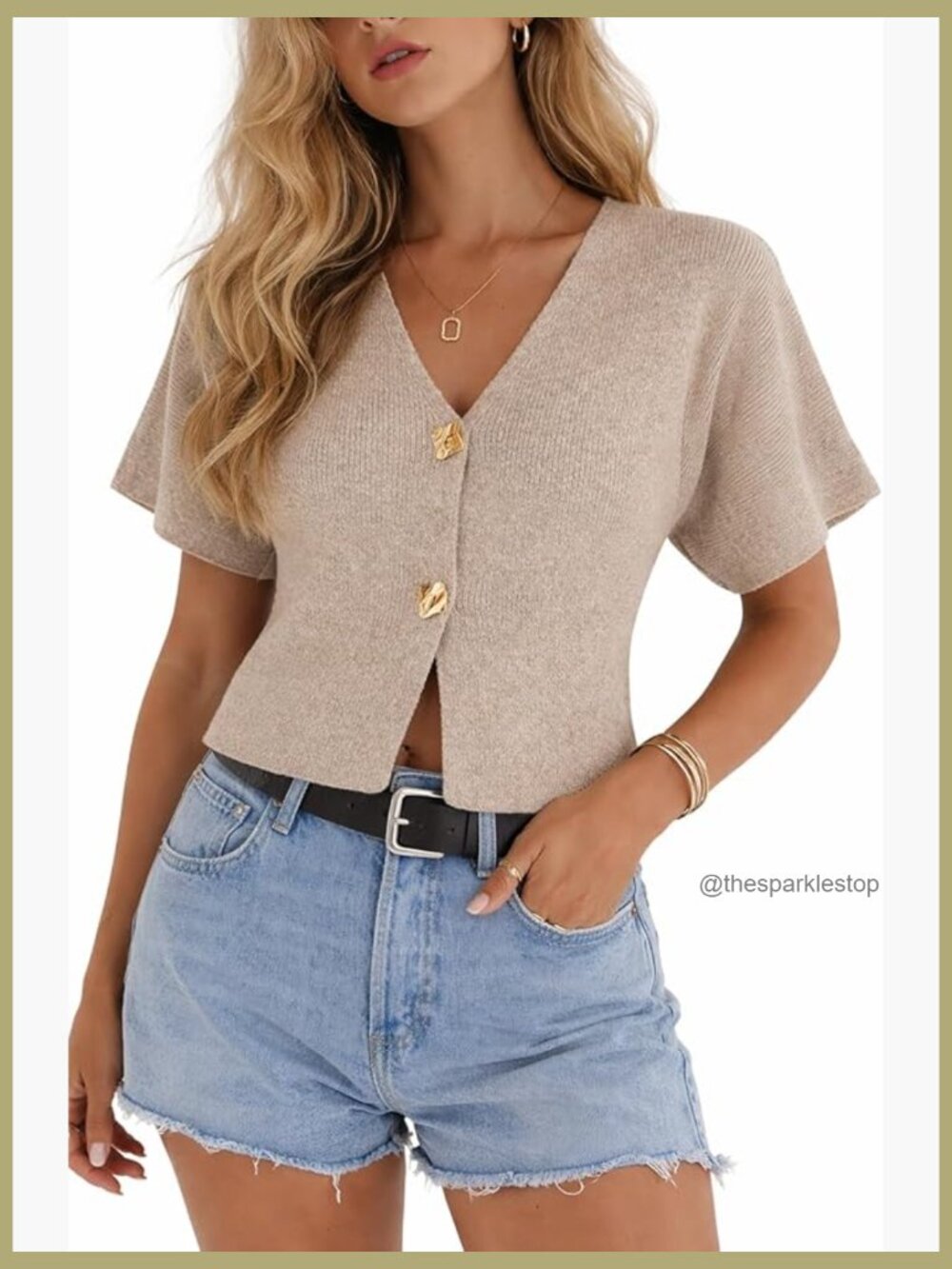 Cropped Knit Cardigan Top, Short Sleeve V Neck Button Front Sweater